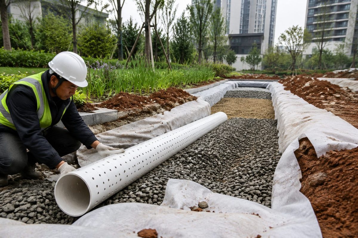 海绵城市渗透系统施工现场 白色PVC打孔渗透管碎石盲沟与土工布反滤