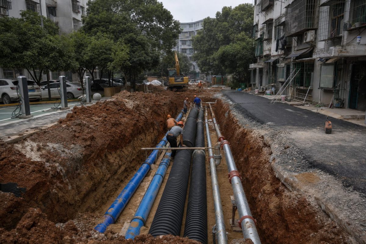 张家界永定区机场路周边城中村改造,同一沟槽内敷设供水PE管、雨水HDPE管与消防镀锌钢管