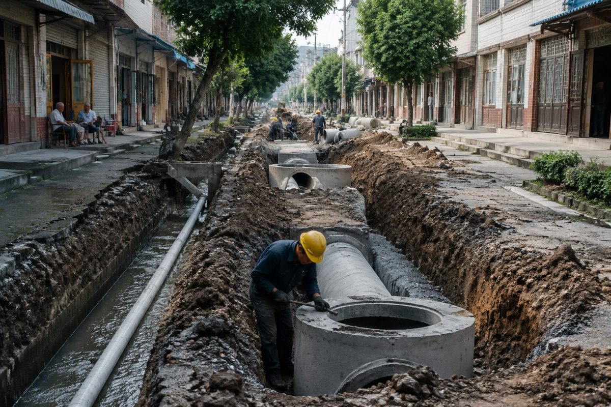 安乡县小湾片区地下管网提质改造施工示意图，AI生成，非项目实景