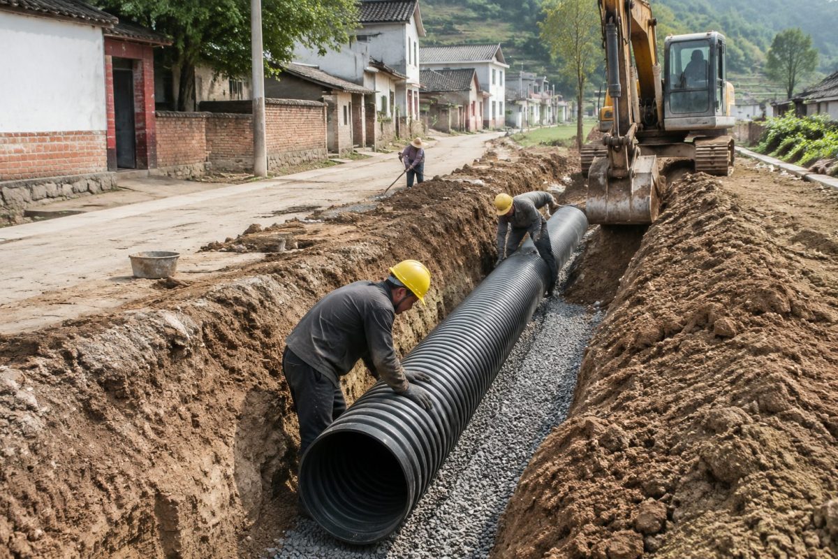 乡镇道路排水管沟槽内敷设大口径塑料排水管现场