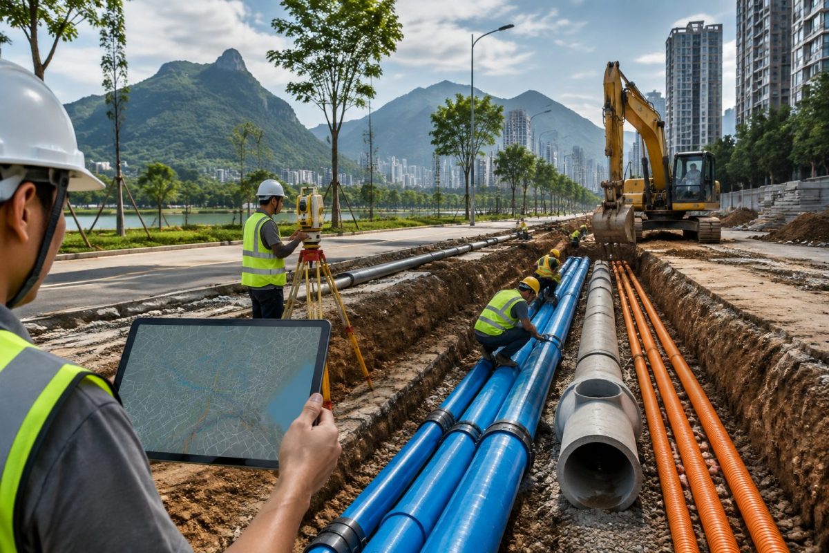 湖南六张网建设中的城市地下管网综合施工场景图