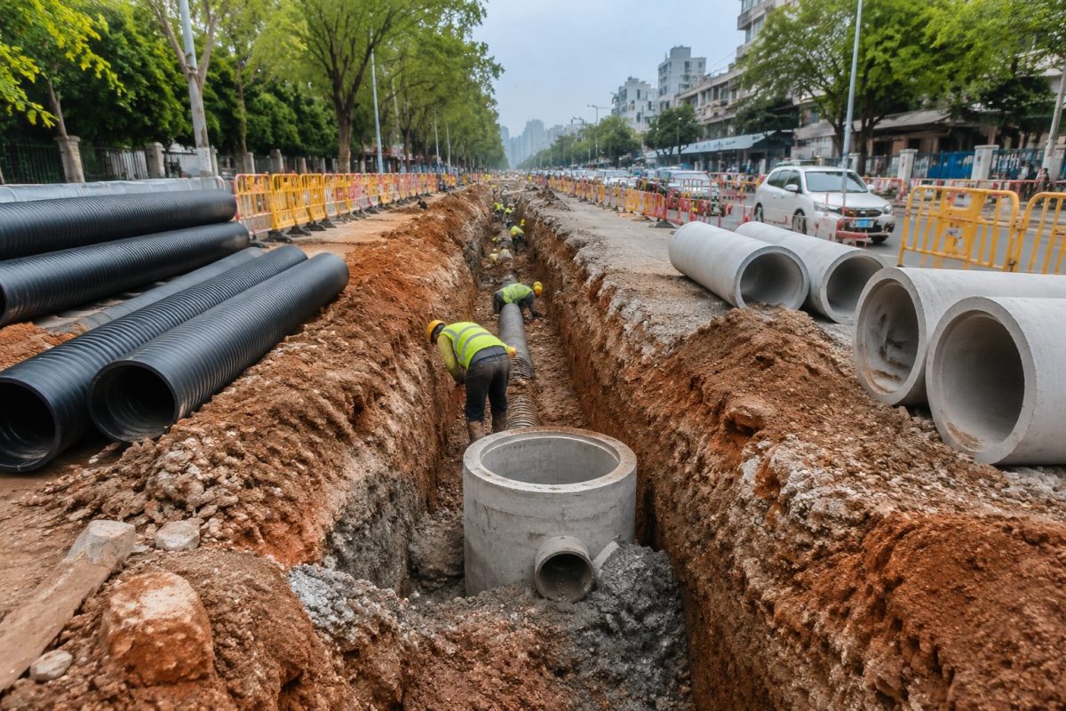 隆回县排水管网改造与城市道路施工现场