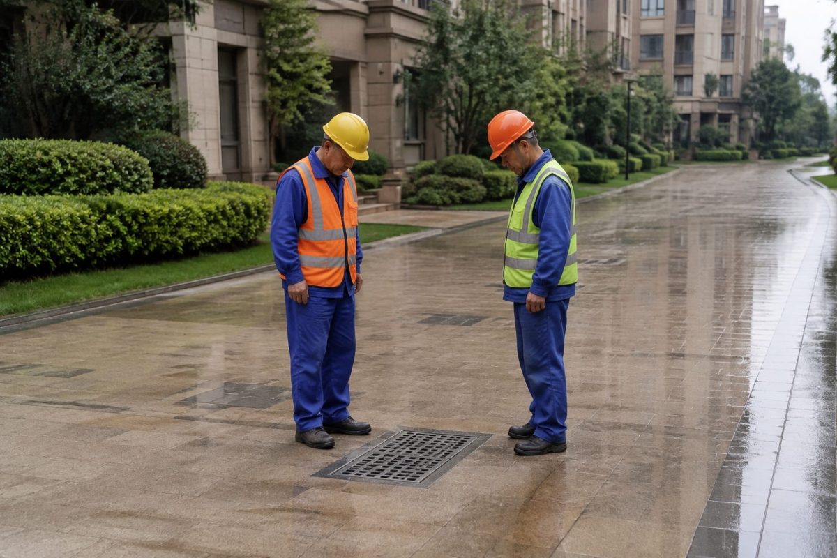 雨后住宅区通道上两名维护人员查看闭合的雨水口格栅